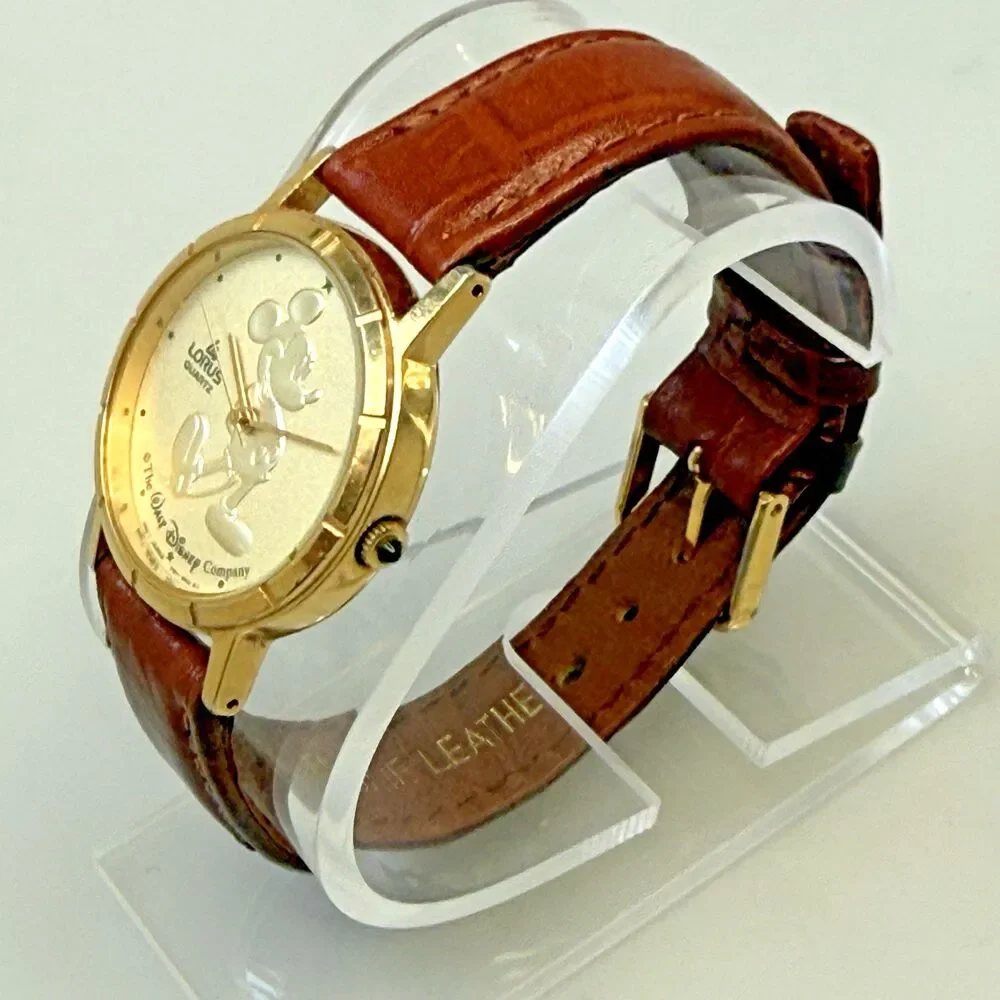 Vtg Lorus Seiko Mickey Mouse Quartz Watch V811-5410 Gold Tone Leather 30mm EUC
